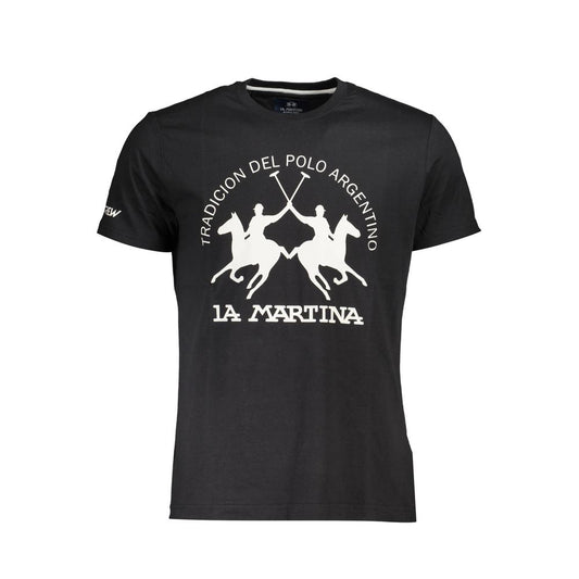 La Martina Black Cotton Men T-Shirt featuring logo and polo design on front for stylish casual wear.