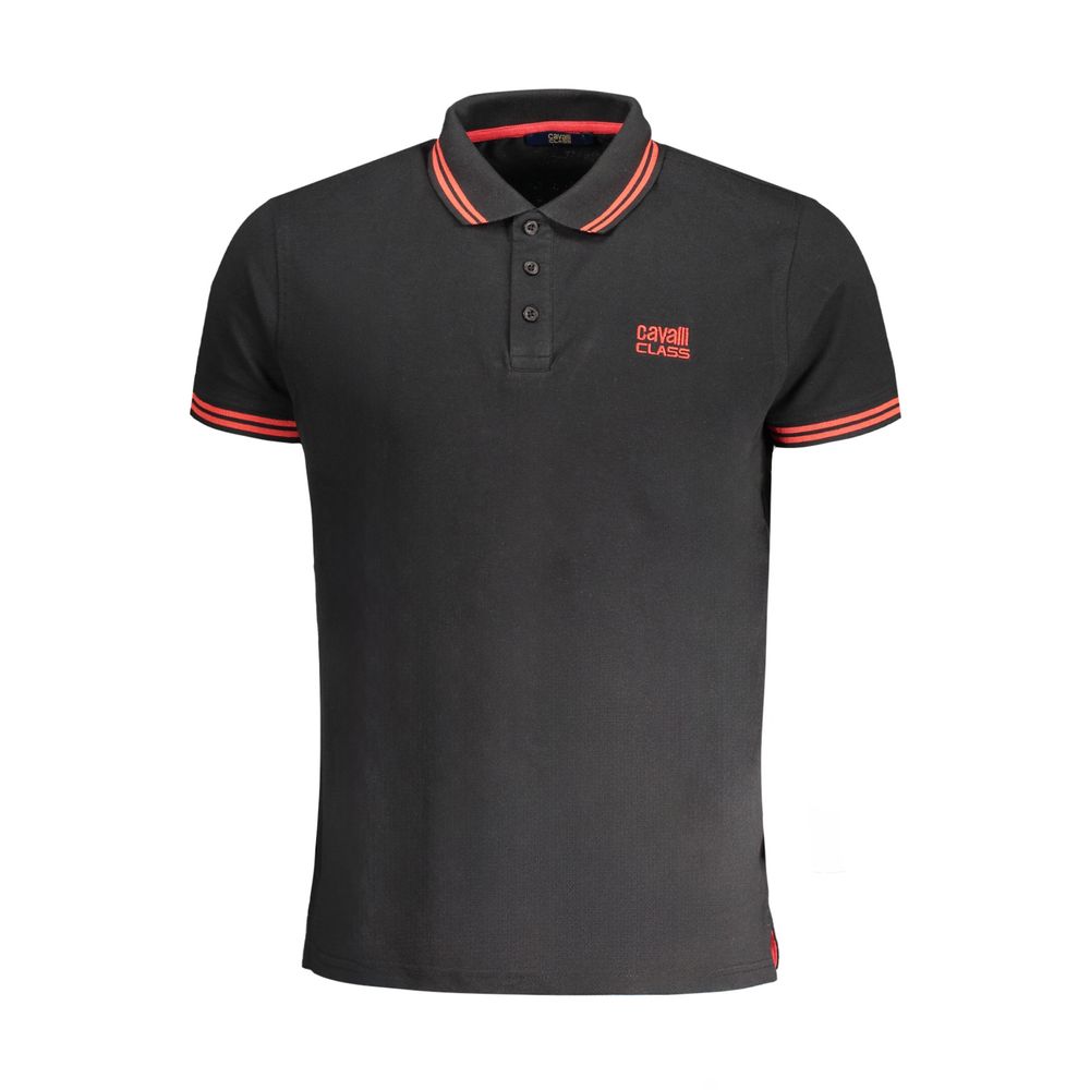 Cavalli Class Black Cotton Polo Shirt with short sleeves, 3 buttons, contrast details, and embroidery logo.