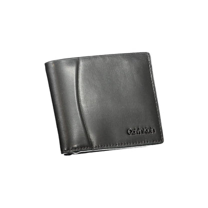 Calvin Klein Black Leather Wallet with RFID blocking and contrast details, featuring double card spaces and embossed logo.