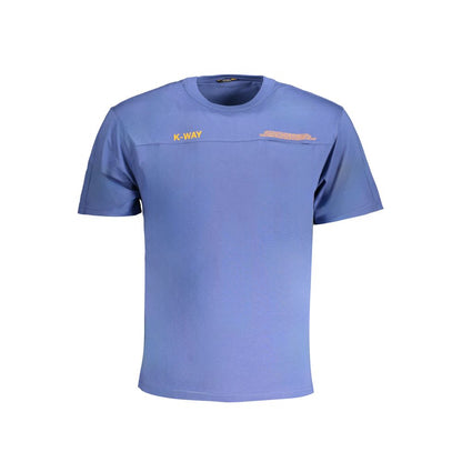 K-WAY Blue Cotton T-Shirt with short sleeves, crew neck, and logo print, featuring a single pocket.