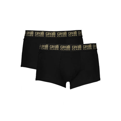 Cavalli Class Black Cotton Men Boxer bi-pack with logo waistband, offering comfort and style with breathable cotton and stretch.