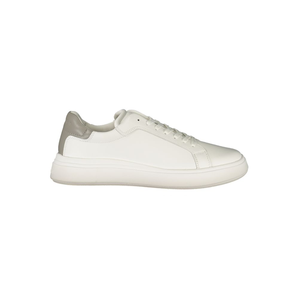 Calvin Klein White Polyester Sneaker, sports shoe with laces, grey contrasting details, removable footbed, logo print.