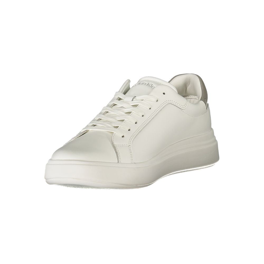Calvin Klein White Polyester Sneaker with grey details, laces, and logo. Sports shoe with removable footbed. Stylish and comfortable.
