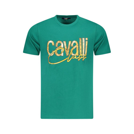 Cavalli Class Green Cotton Men T-Shirt with logo and vivid print, showcasing bold style in fashion-forward short sleeve crew neck design.