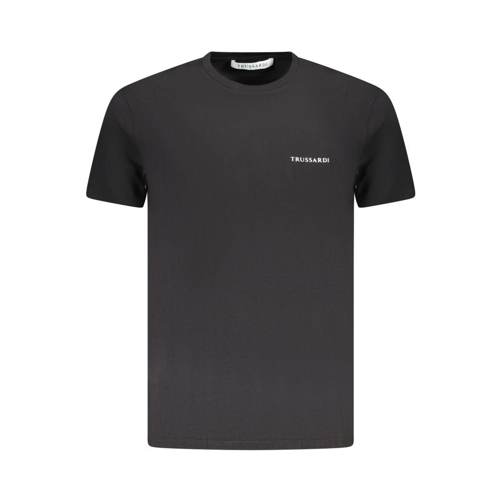 Trussardi Black Cotton Men T-Shirt with brush print and logo detail, short sleeve, crew neck, premium cotton-elastane blend, elegant design.