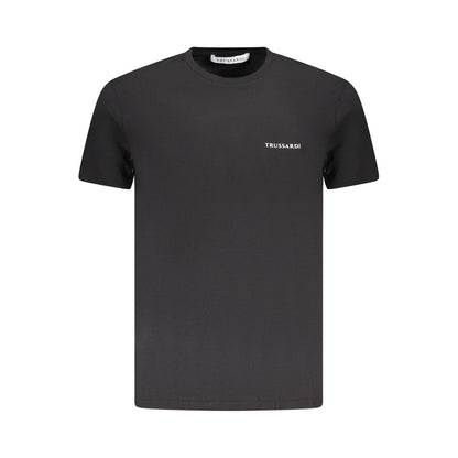 Trussardi Black Cotton Men T-Shirt with brush print and logo detail, short sleeve, crew neck, premium cotton-elastane blend, elegant design.