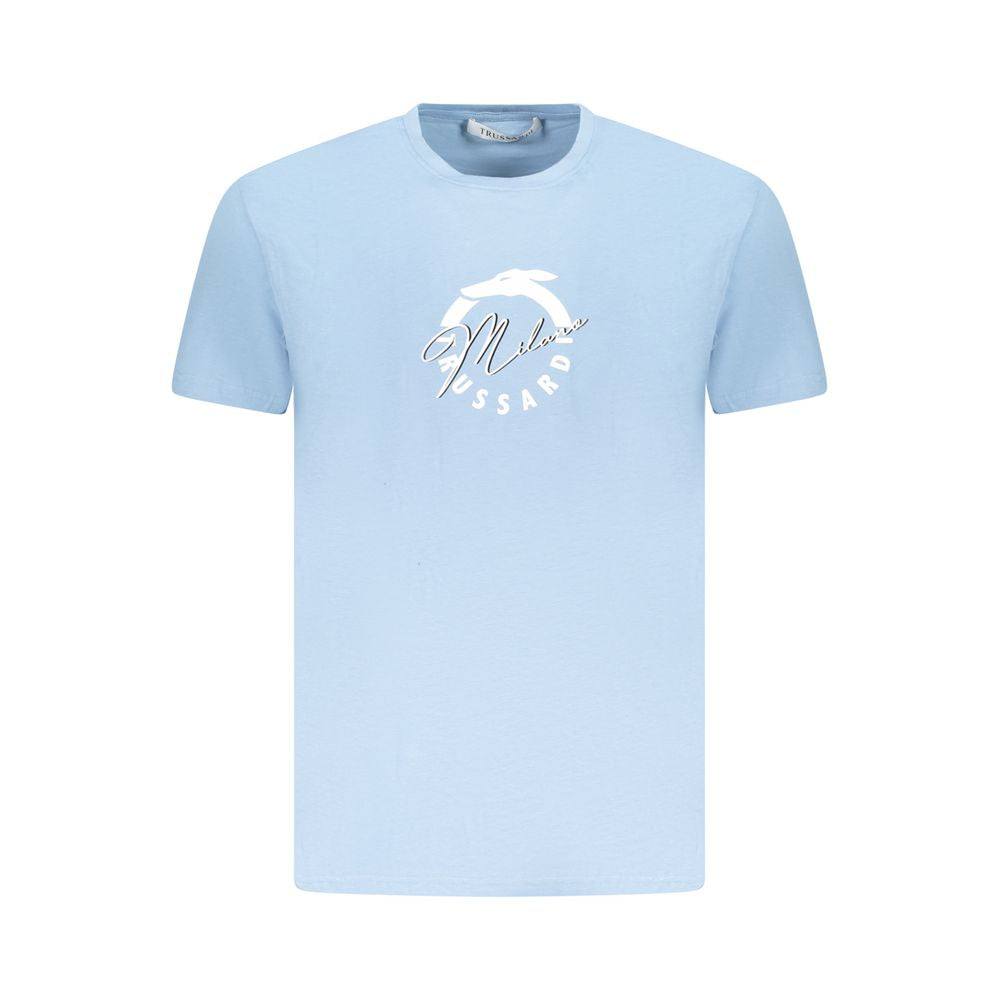 Trussardi Light Blue Cotton Men T-Shirt with logo print, short sleeves, crafted from premium cotton for comfort and durability.
