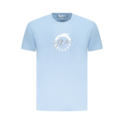 Trussardi Light Blue Cotton Men T-Shirt with logo print, short sleeves, crafted from premium cotton for comfort and durability.