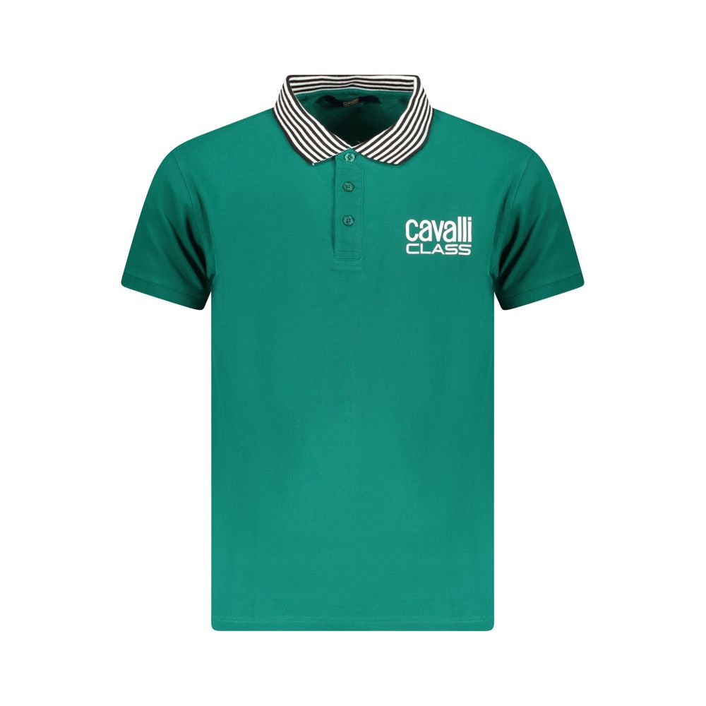 Cavalli Class Green Cotton Men Polo Shirt with logo, striped collar, and three-button placket, showcasing a fashion-forward design.