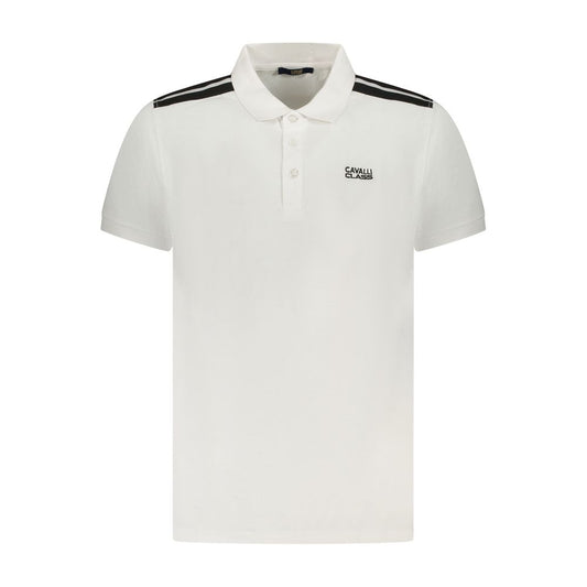 Cavalli Class White Cotton Men Polo Shirt with signature embroidery and contrasting details, perfect for a fashion-forward style.
