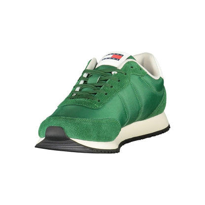 Tommy Hilfiger Green Polyester Men Sneaker with eco-friendly design and iconic logo on a white background.