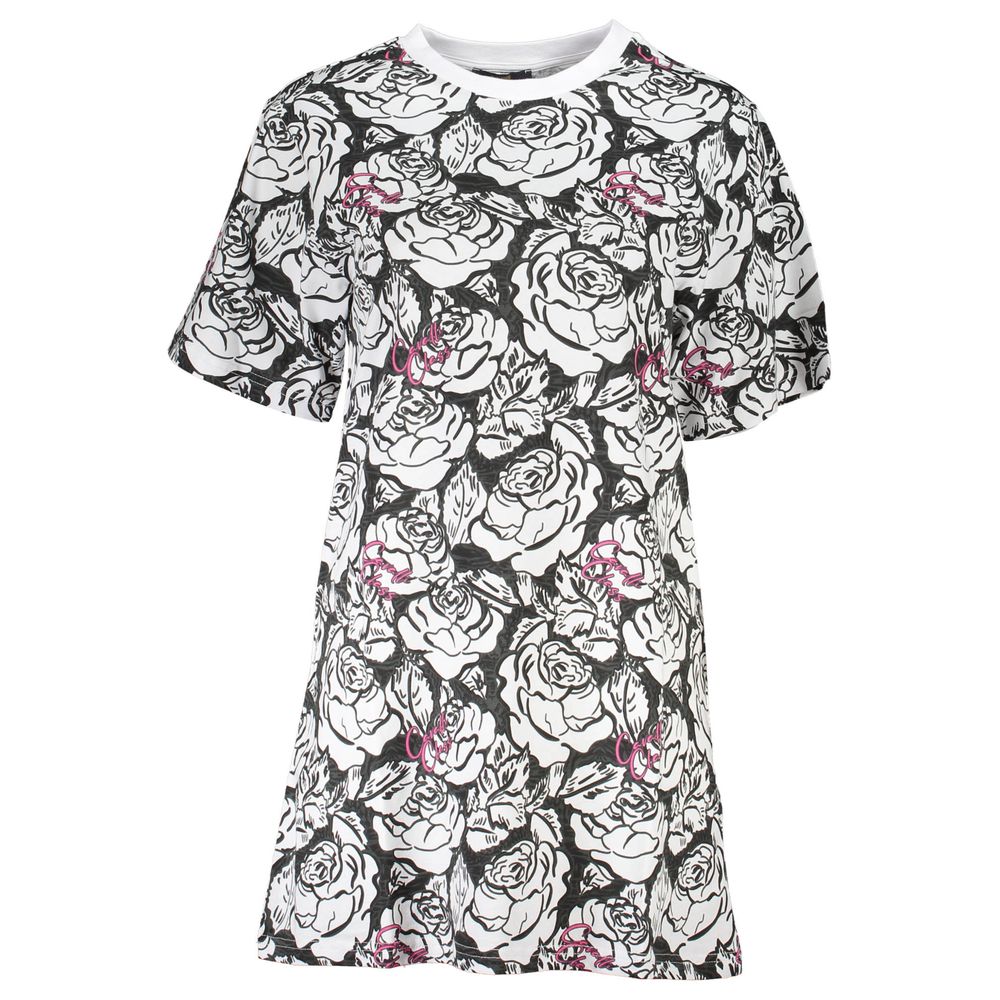 Cavalli Class White Cotton Women Dress with floral print and round neckline, showcasing luxury fashion and elegance.