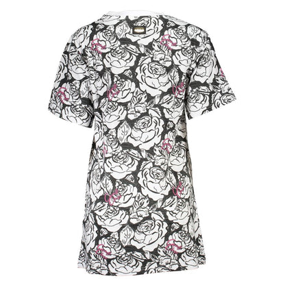 Cavalli Class White Cotton Women Dress with floral print and logo on back, short sleeves, chic elegant daytime wear.