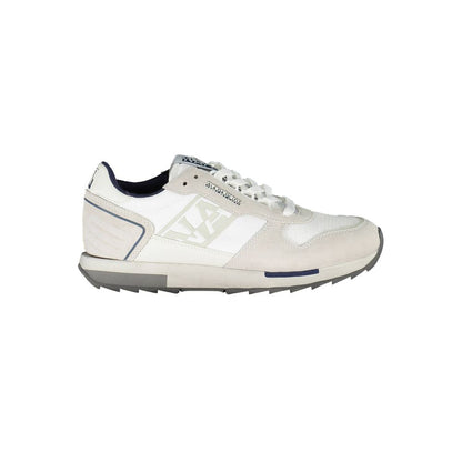 Napapijri White Leather Men Sneaker with logo, contrasting accents, and extra laces for versatile styling. Fashion meets function in this shoe.