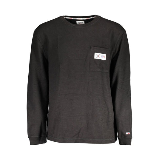 Tommy Hilfiger Black Cotton Men Sweater with long sleeves, crew neck, and embroidered logo on chest pocket for stylish comfort.