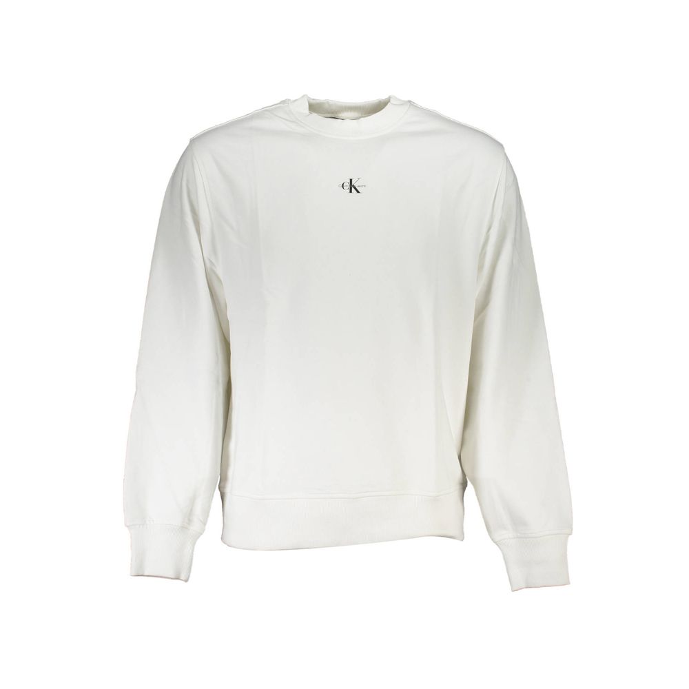 Calvin Klein White Cotton Men Sweater with long sleeves and signature logo on soft, crew neck fabric.
