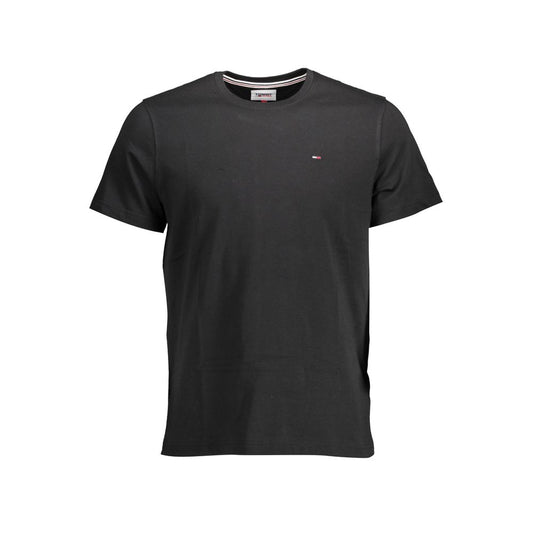 Tommy Hilfiger Black Organic Cotton Men T-Shirt with logo embroidery, short sleeves, and crew neck for sustainable style.