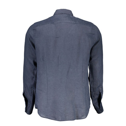 Back view of La Martina Blue Linen Men Shirt showcasing French collar and premium fabric.