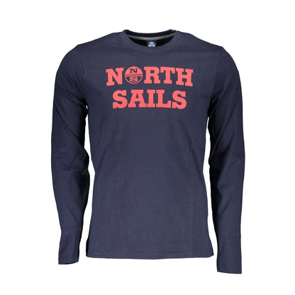 North Sails Blue Cotton Men T-Shirt with logo, showcasing long sleeves and crew neck in vibrant blue for timeless maritime fashion.