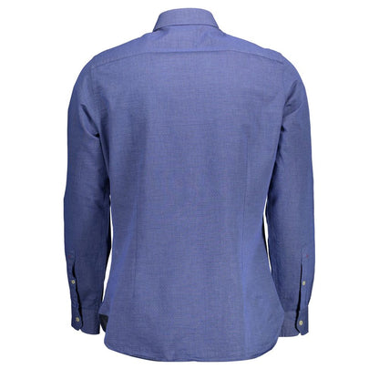 Back view of U.S. POLO ASSN. Blue Cotton Men Shirt with French collar and long sleeves, showcasing fine tailoring and luxury details.