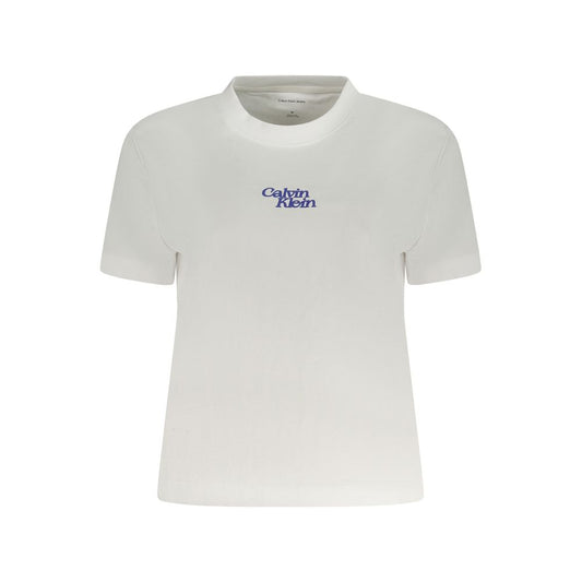 Calvin Klein White Cotton Women T-Shirt with crew neck and logo print, offering casual sophistication and comfort.