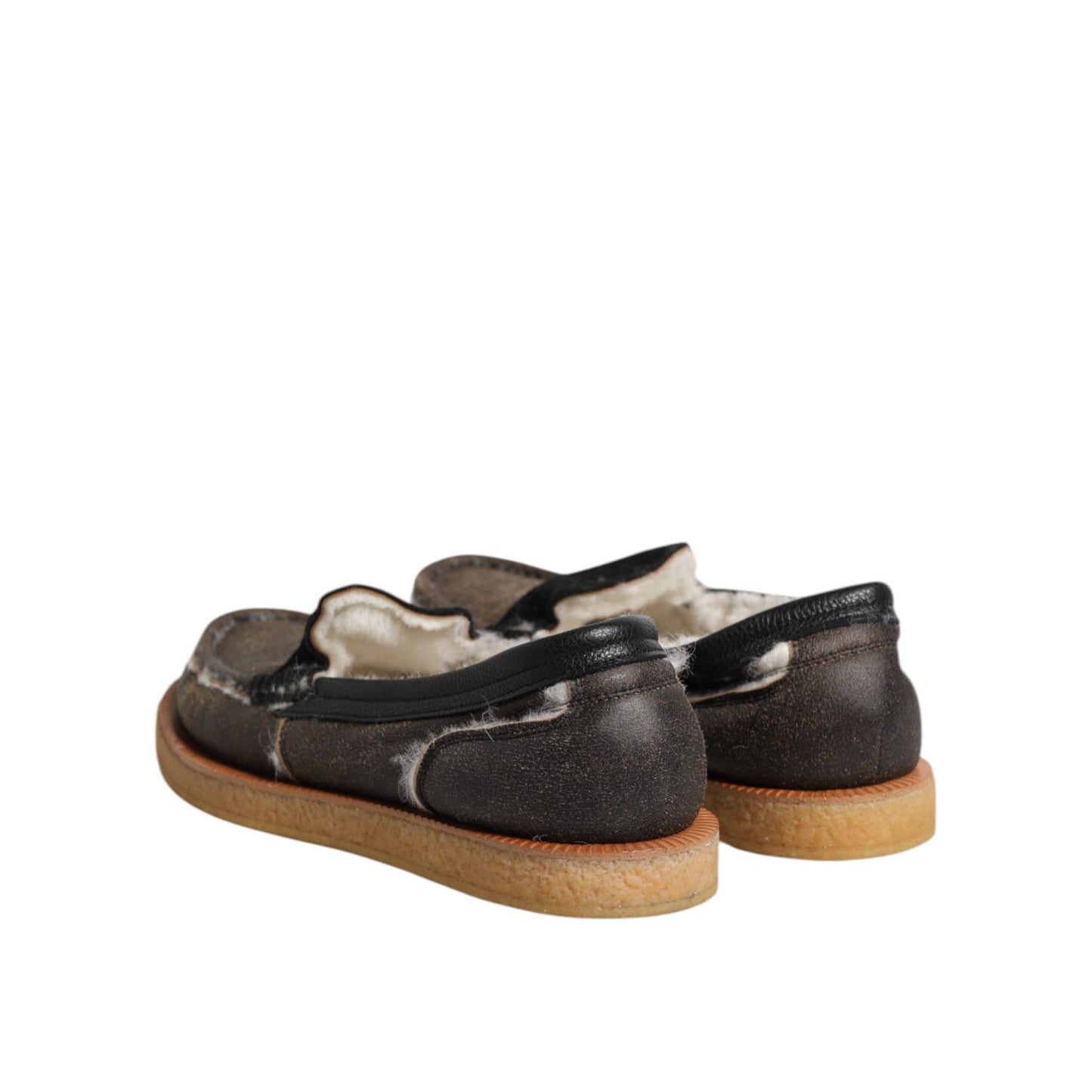 Dolce & Gabbana Brown White Calfskin Leather Loafers Shoes