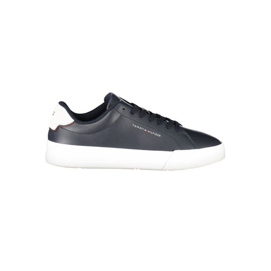 Tommy Hilfiger Blue Leather Men Sneaker with white details, side view showcasing logo and sleek design.