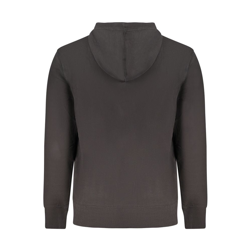 Back view of Calvin Klein Black Cotton Men Sweater with hood, showcasing the sleek design and eco-friendly cotton blend material.