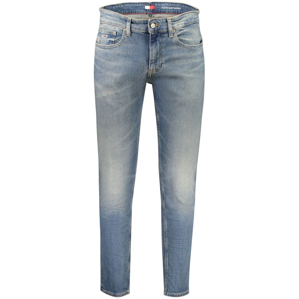 Tommy Hilfiger Blue Cotton Men Jeans featuring a stylish washed effect with embroidered logo, Austin Slim Tapered design, regenerative cotton.