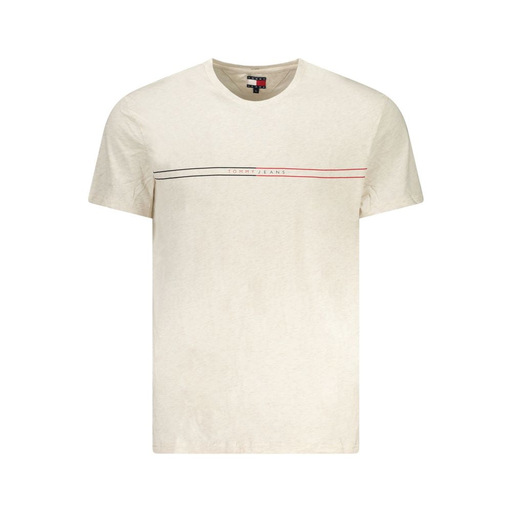 Tommy Hilfiger Beige Cotton Men T-Shirt with logo and bold print on crew neck. Sustainable fashion with 95% regenerative cotton.
