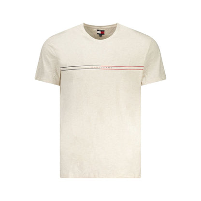 Tommy Hilfiger Beige Cotton Men T-Shirt with logo and bold print on crew neck. Sustainable fashion with 95% regenerative cotton.