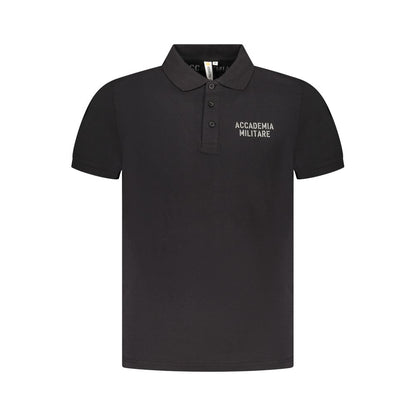 Accademia Militare Black Cotton Polo Shirt with short sleeves and logo print, featuring 3 buttons. Perfect for casual wear.