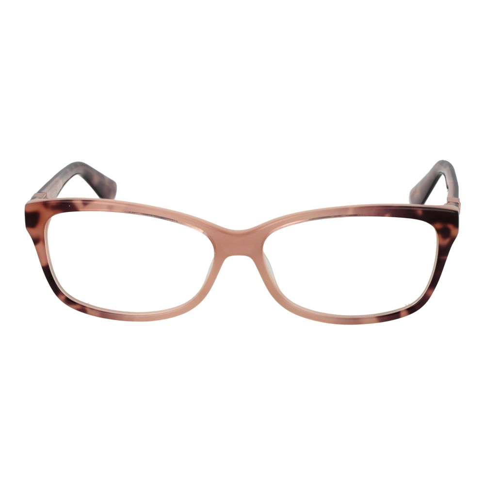 Guess Pink Women Glasses Frame with rose full-rim plastic design, rectangle style, 56-14-140 size, includes branded case.