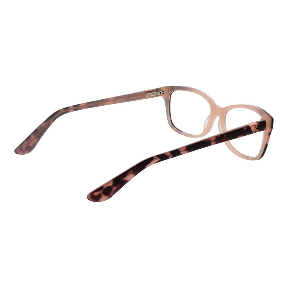 Guess Pink Women Glasses Frame in rose color with full-rim plastic material and rectangle style, includes branded case.