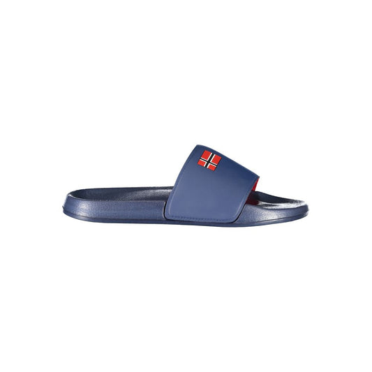 Norway 1963 Blue Plastic Men Sandal with distinctive print and logo, trendy slide footwear for fashion-forward men.