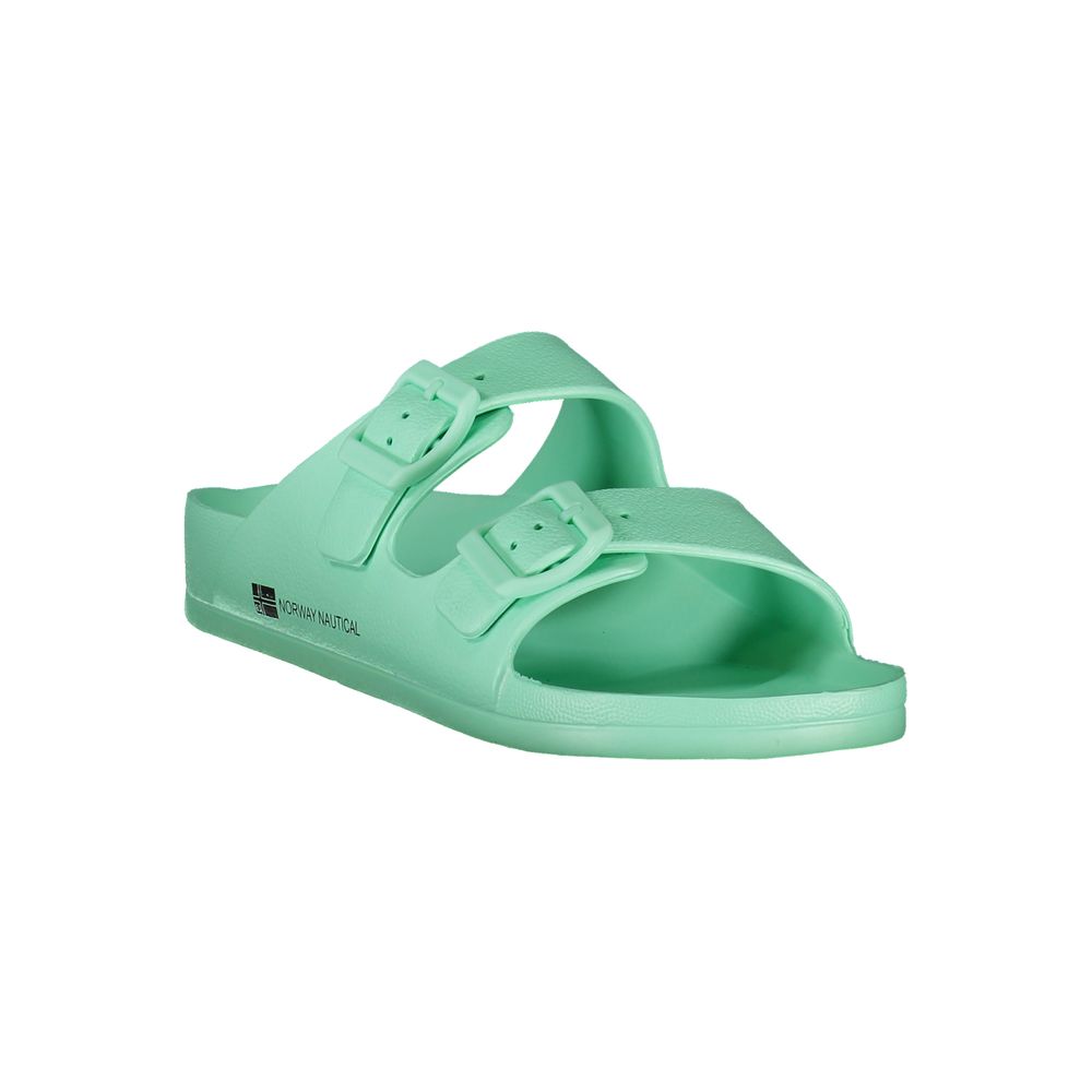 Norway 1963 Green Plastic Women Sandal with dual buckles and signature logo, perfect for trendsetters seeking unique style and comfort.