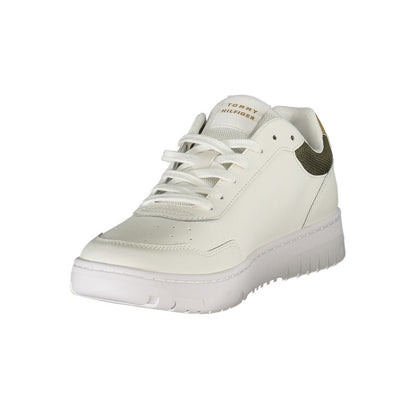 Tommy Hilfiger White Leather Men Sneaker with green and beige accents, featuring a removable insole and brand logo for urban style and comfort.