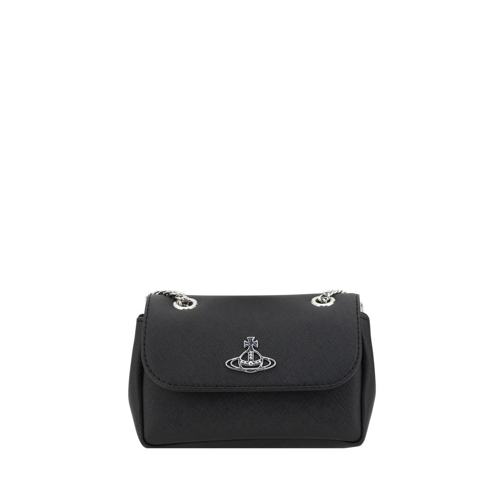 Vivienne Westwood Black Polyethylene Shoulder Bag with chain strap and iconic Orb logo on front flap.