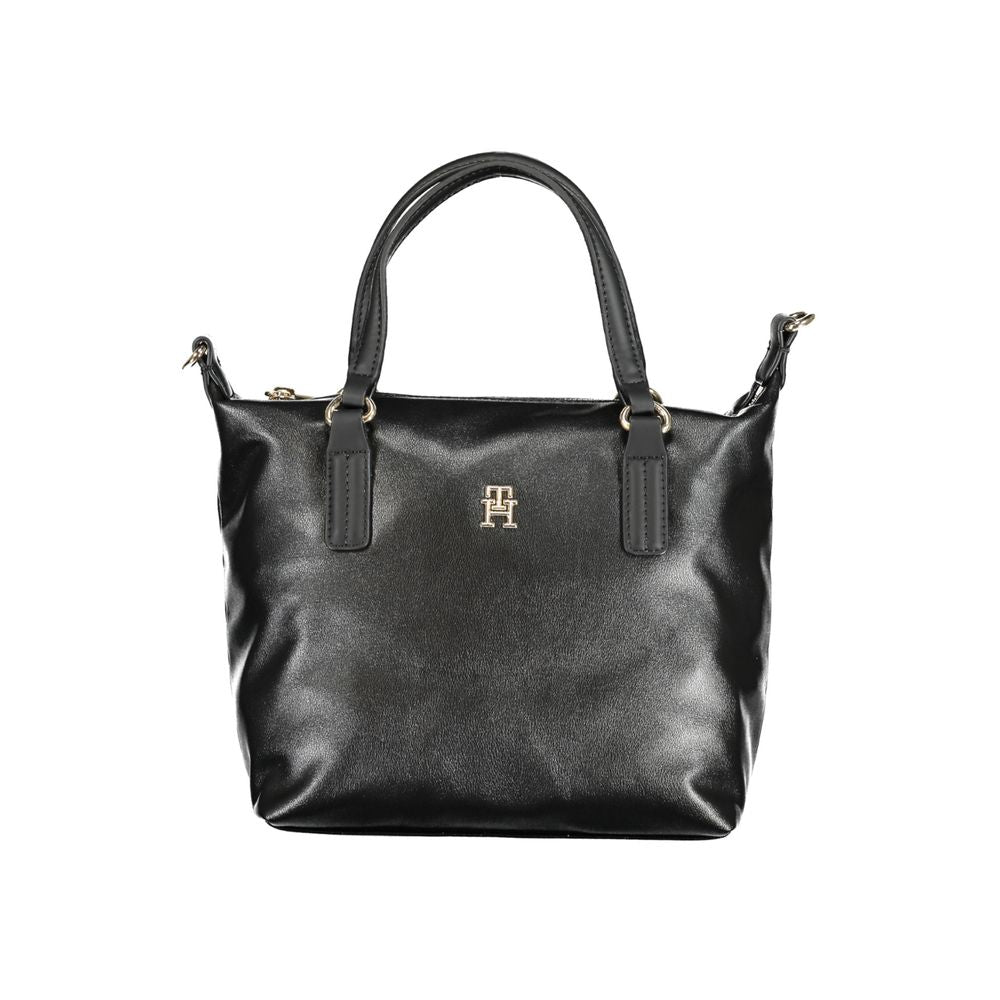 Tommy Hilfiger Black Polyester Handbag with two handles, removable shoulder strap, internal pocket, and zip closure featuring logo.