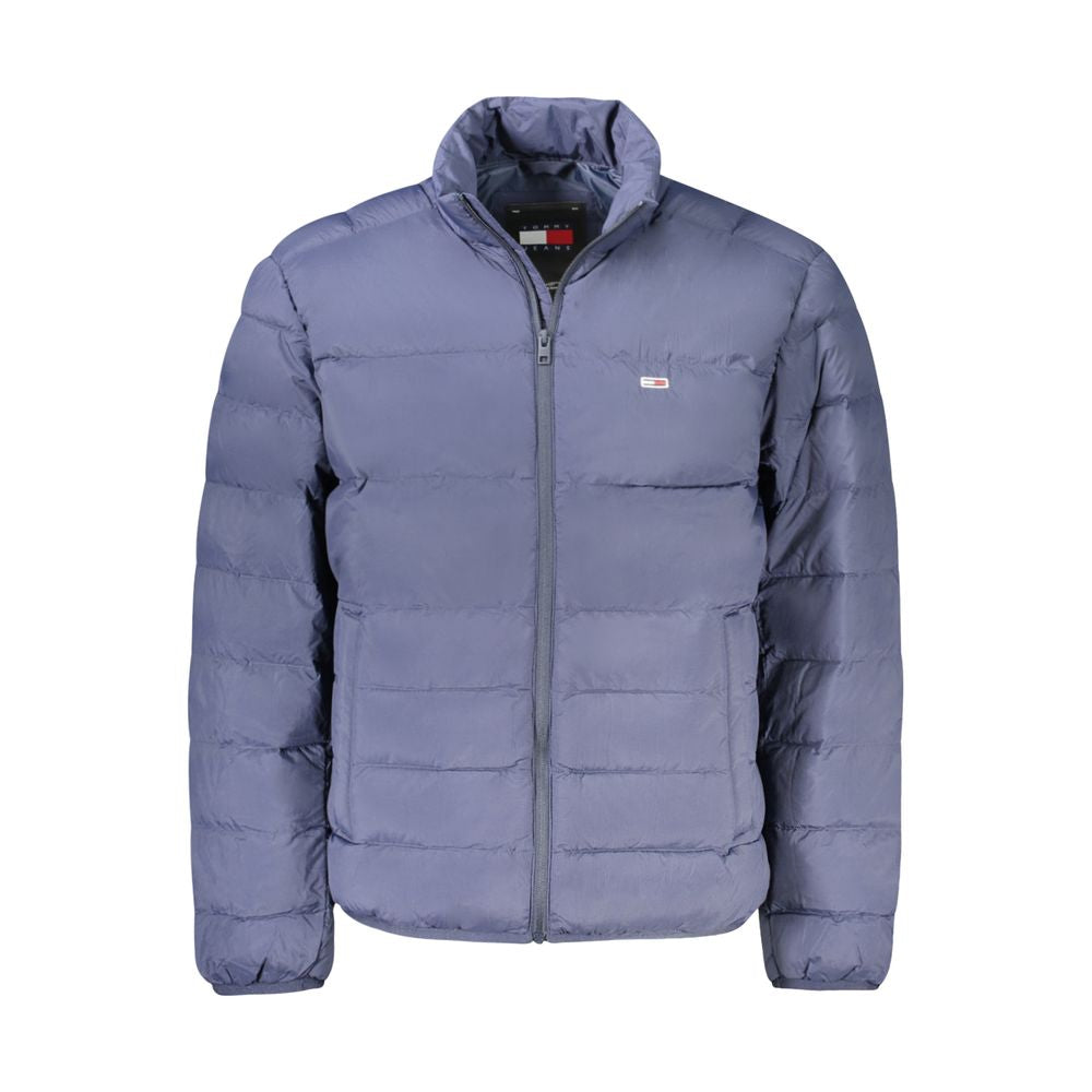 Tommy Hilfiger Blue Polyamide Men Jacket with zip closure and iconic logo on front view.