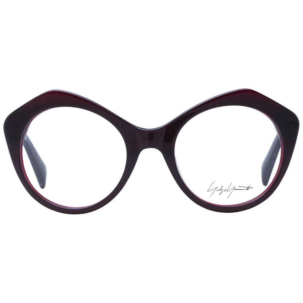 Yohji Yamamoto Burgundy Unisex Glasses Frame, full-rim acetate, round style, demo lenses, 51-20-140 size, includes branded soft case.