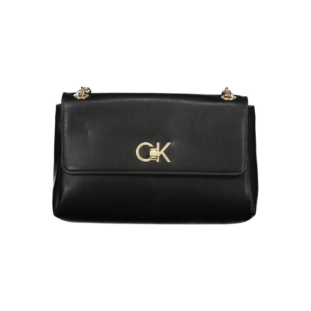 Calvin Klein Black Polyester Handbag with chain shoulder handles and logo, featuring external pocket and swivel closure.