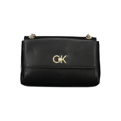 Calvin Klein Black Polyester Handbag with chain shoulder handles and logo, featuring external pocket and swivel closure.