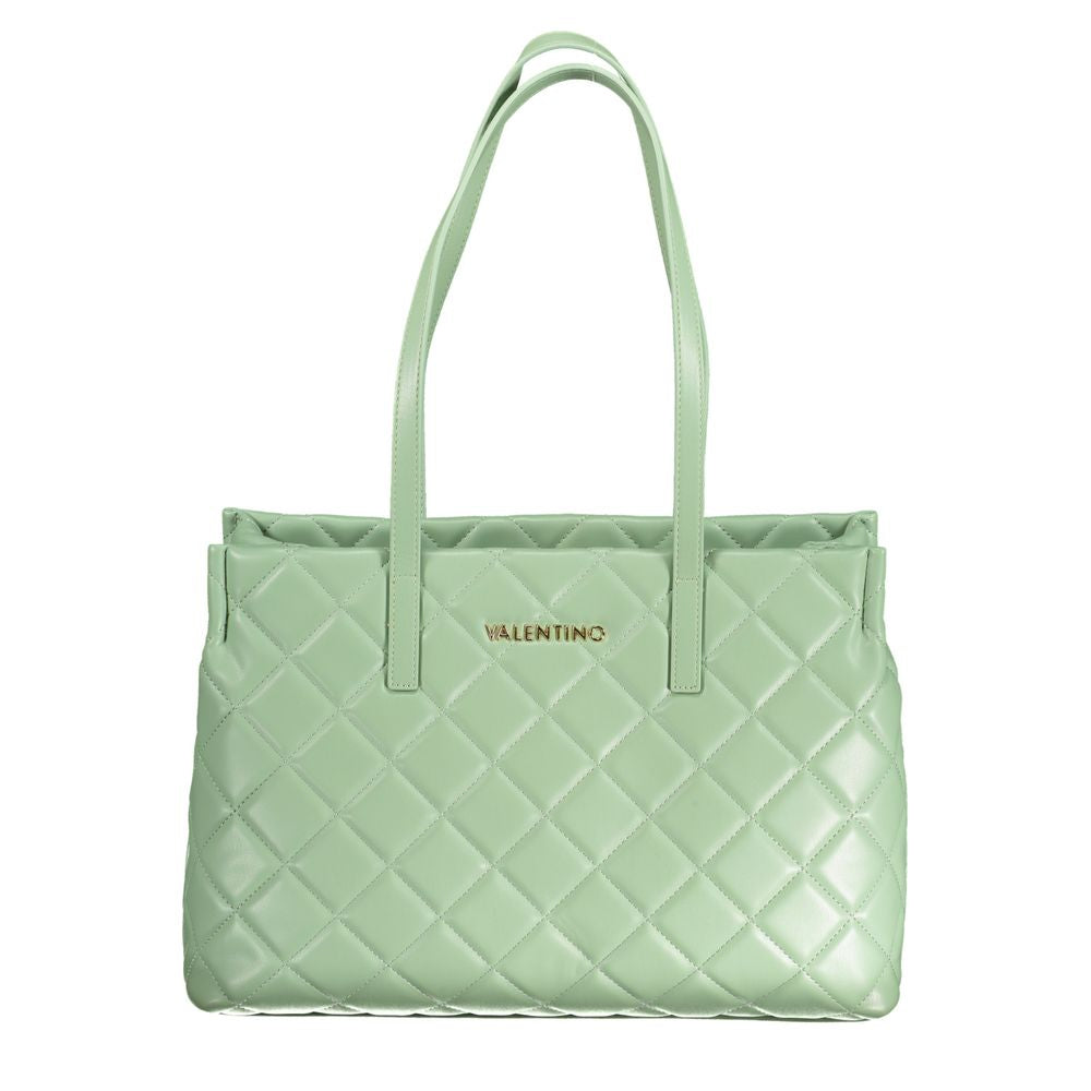 Alt Tag: Mario Valentino Green Polyethylene Handbag with two shoulder handles and central pocket, featuring a zip closure and contrasting details.