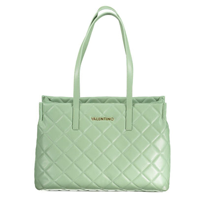 Alt Tag: Mario Valentino Green Polyethylene Handbag with two shoulder handles and central pocket, featuring a zip closure and contrasting details.