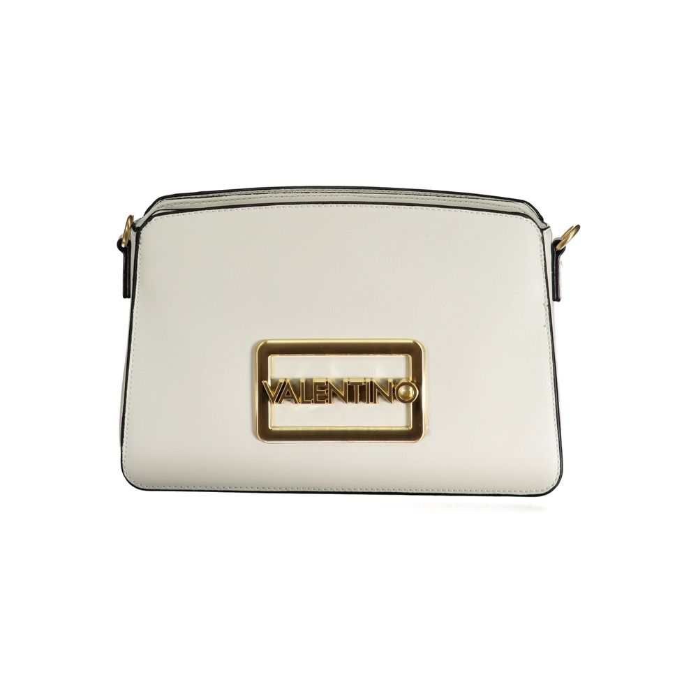 Mario Valentino White Polyethylene Handbag with logo, removable shoulder handle, adjustable strap, and multiple compartments.