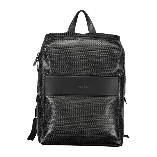 Calvin Klein Black Polyester Backpack with laptop compartment, adjustable straps, and snap and zip closure, features external and internal pockets.