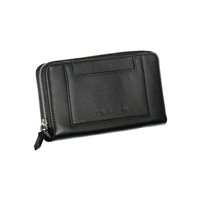 Calvin Klein Black Polyester Wallet with 5 compartments, card spaces, coin purse, external pocket, zip closure, contrasting details.