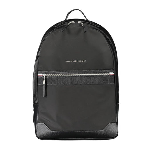 Tommy Hilfiger Black Polyester Backpack with front external pocket, handle, adjustable straps, and zip closure, made of 50% recycled polyester.
