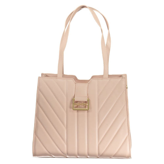 Mario Valentino Pink Polyethylene Handbag with dual shoulder handles and removable chain, featuring compartments and logo detail.